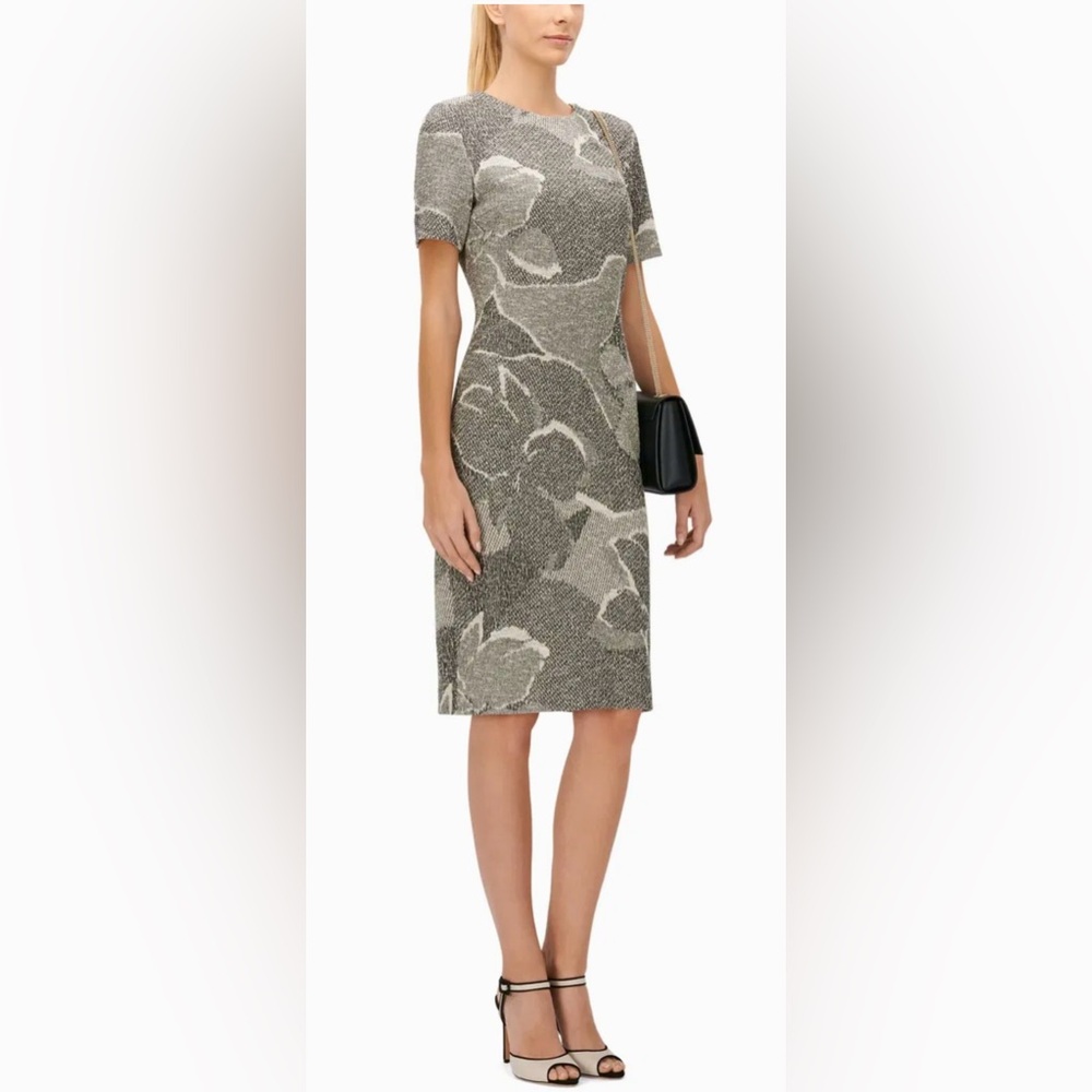 Hugo Boss Short Sleeve Haraly Hatched Tweed Sheath Dress in Black Gray & White
